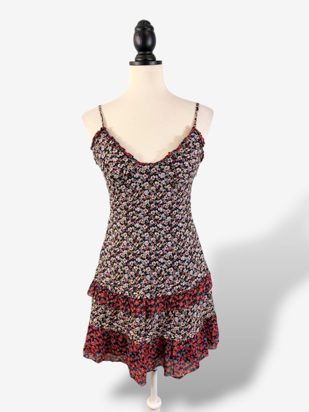 Jack Wills Floral Mini Dress Size 4 Black Red Ruffle Festival Boho Western